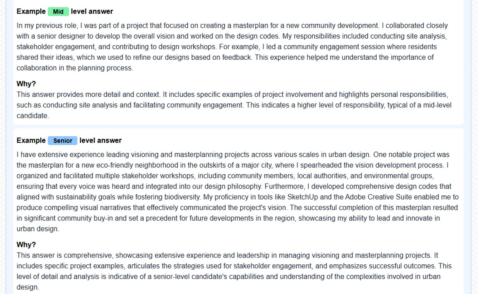 Example answers for interview questions